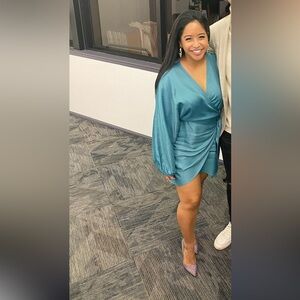 H&M teal faux wrap skirt long sleeve cocktail dress